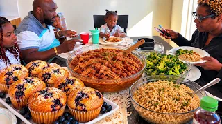 Blueberry Cornbread Muffins, Southern Beans with Shredded Chicken, Brown Rice | Family Mukbang