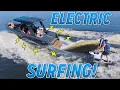 Electric Wake Boat Test Wakesurfing Wakeboarding Behind the Arc Sport