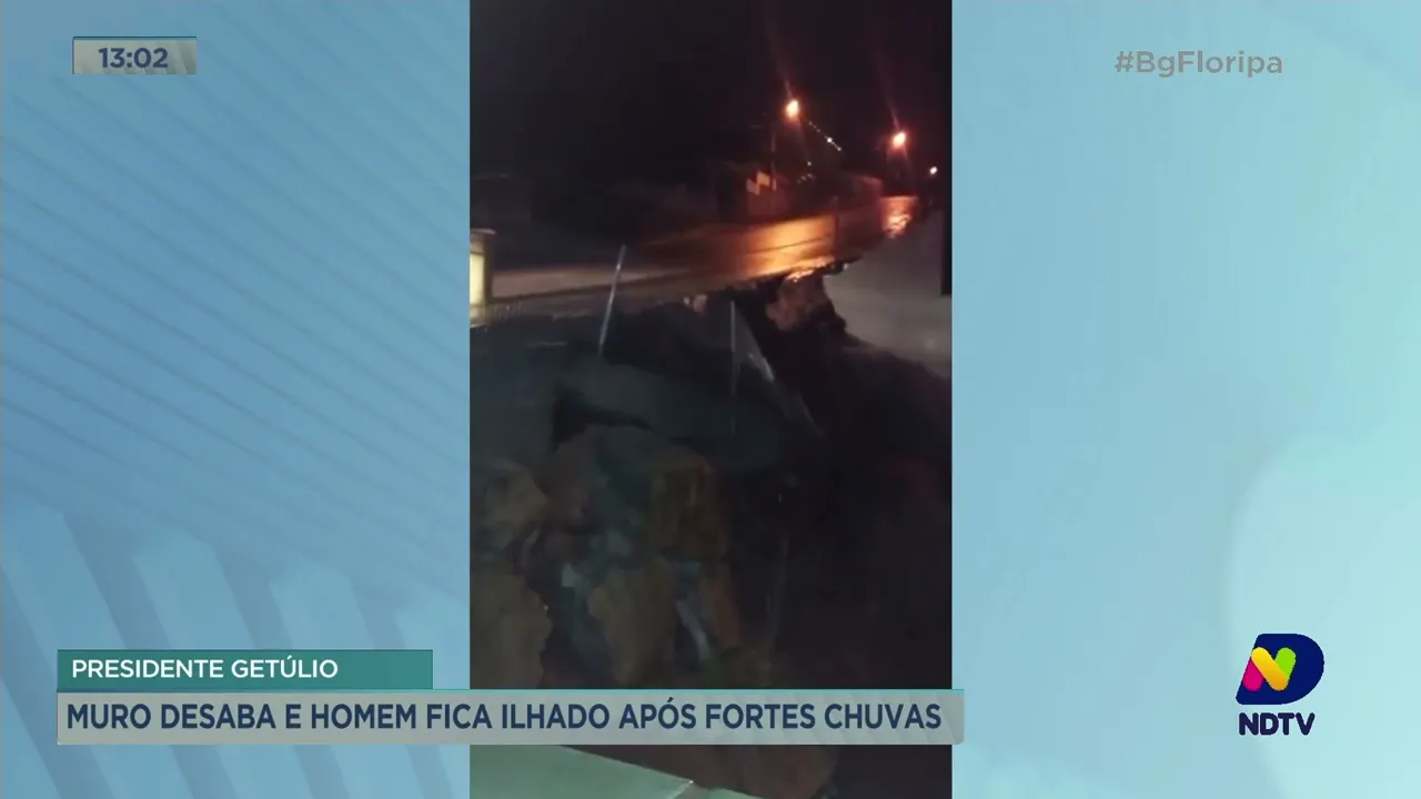 Muro desaba e homem fica ilhado após fortes chuvas, no município de Presidente Getúlio