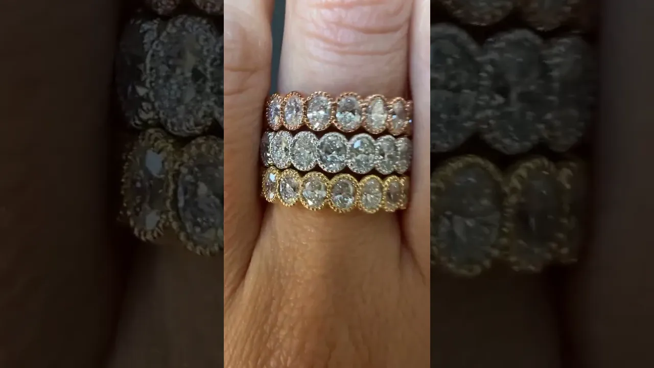 14K Gold Oval Cut Three Quarter Way Eternity Milgrain Bezel Set Lab Grown Diamond Wedding Band Ring