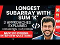 Longest SubArray with Sum K - HashMap Sliding Window Must do DSA coding interview Questions