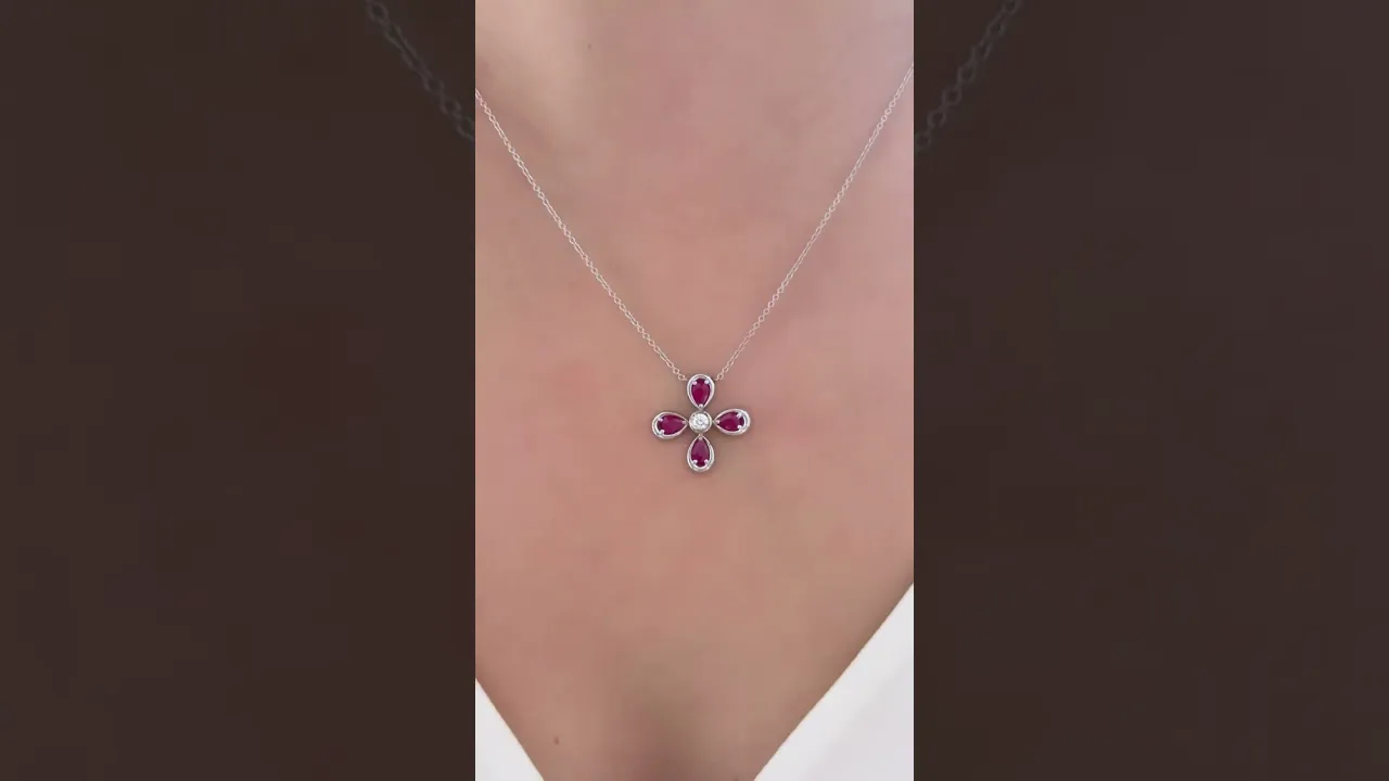 14K White Gold Ruby & Diamond Flower Pendant