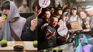 live taehyung doing the wasabi bomb challenge at the famous restaurant wagyumafia tokyo