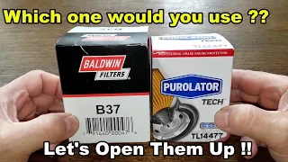 Baldwin Oil Filter B37 vs Purolator Tech Oil Filter TL14477 Oil Filter Cut Open Comparison