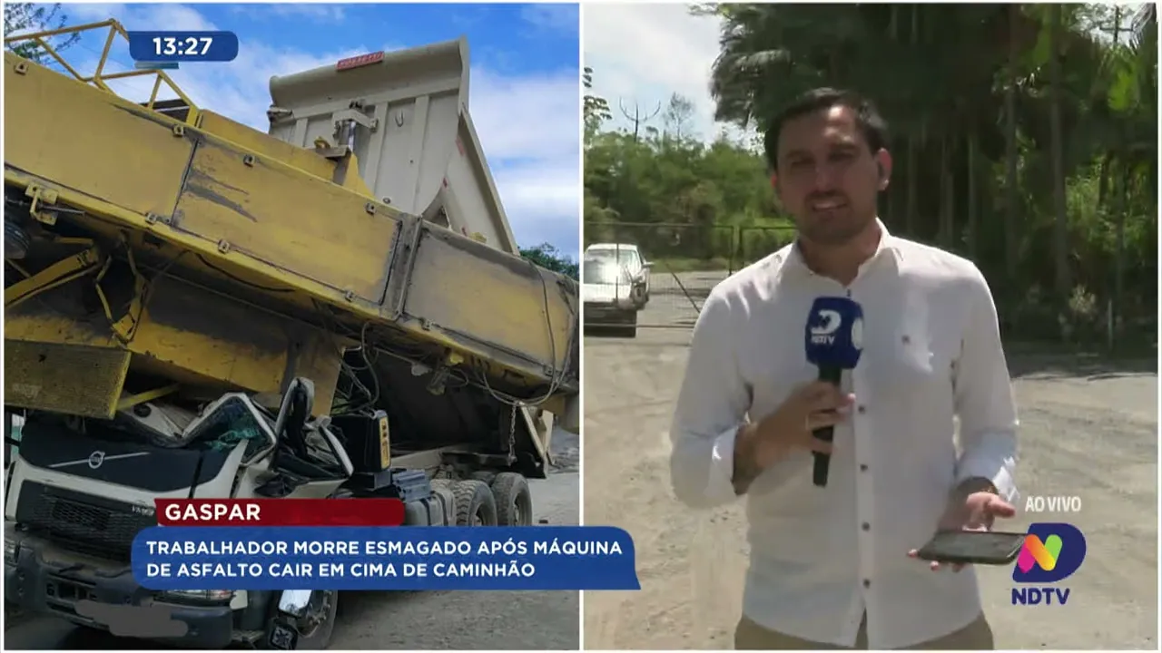 Trabalhador morre esmagado após máquina de asfalto cair em cima de caminhão em Gaspar