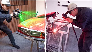 Laser cleaning the Mini Mercedes! And Laser Scanning it using the Trackit SR