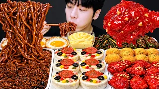 ASMR MUKBANG | 직접 만든 짜파게티 양념치킨 먹방! 피자 설기 만들기 & 레시피 FRIED CHICKEN AND BLACK BEAN NOODLES EATING SOUND