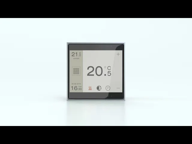Пулт за управление 3.5" Touch&See KNX 80x80 FF EKINEX, EK-EC2-TP с LCD дисплей, показващ температурата.