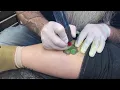 Four-leaf clover Patch Tattoo - laying down base green stitching