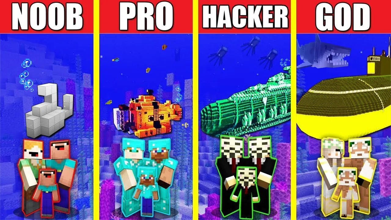 Minecraft Battle: SUBMARINE BUILD CHALLENGE - NOOB vs PRO vs HACKER vs GOD / Animation HOUSE BOAT