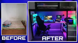 Download DIY LOFT BED  W/ GAMING AREA |Small Room Makeover Ultimate Gaming Room Setup w/ LED expert Lighting MP3