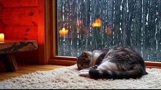 Heavy rain with the sound of a cat snoring sleeping near the window | perfect for focus