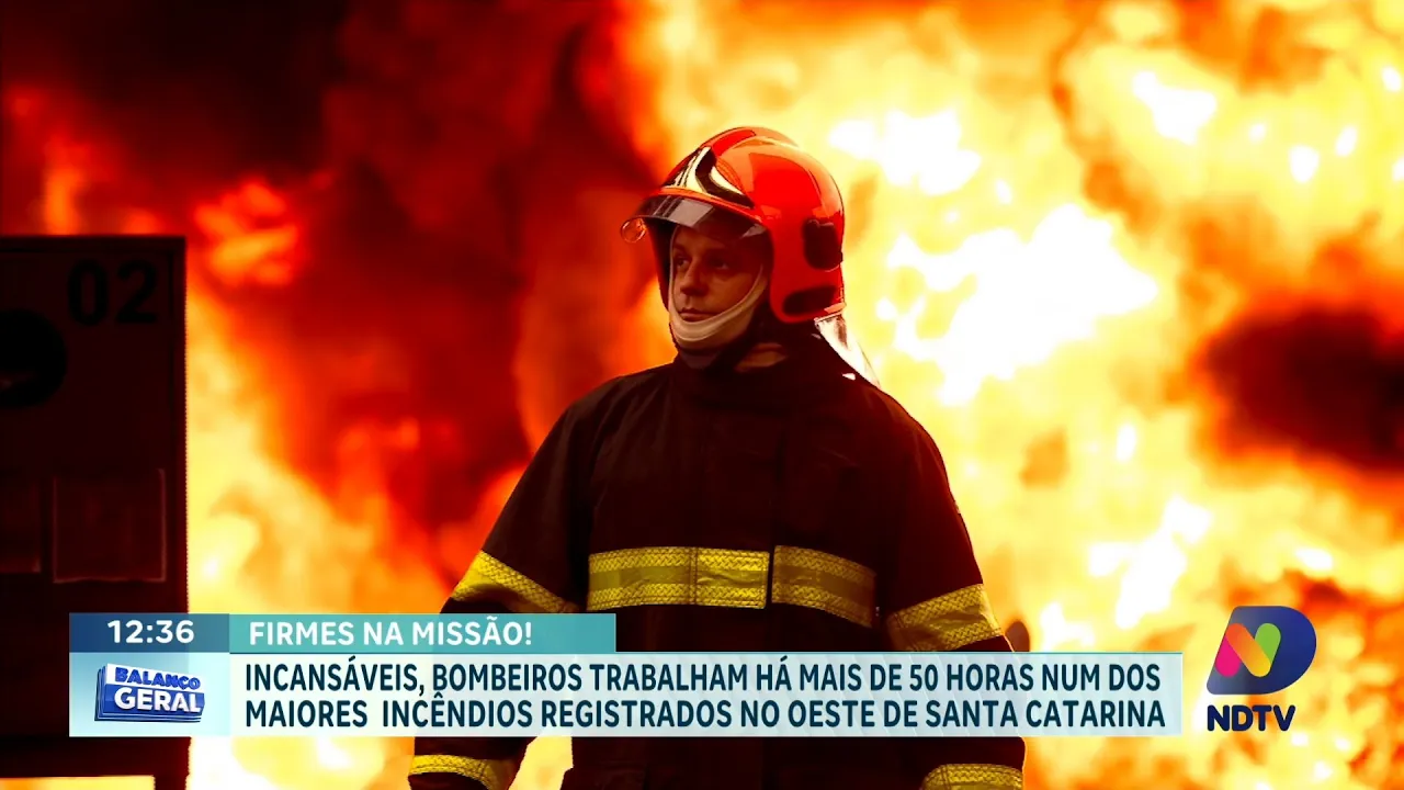 Bombeiros trabalham há mais de 50 horas num dos maiores incêndios do Oeste de Santa Catarina