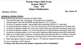 Class-7 Maths / Half Yearly Exam 2026-27 Question Paper Term-1 / Mid Term PM SHRI KVS