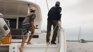 Rescuing an adrift catamaran from dismasting on a bridge and a boring monologue.