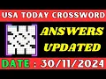 USA Today Crossword Puzzle Answers for Nov 30 2024 Puzzle answers for all of USA TODAY Crossword