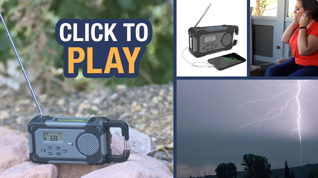 Woman uses a Liberty Band solar emergency radio to charge her phone, showcasing backup power capability for emergencies.