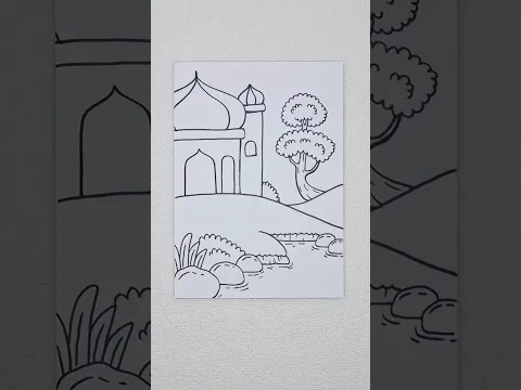 Menggambar pemandangan alam ada masjidnya