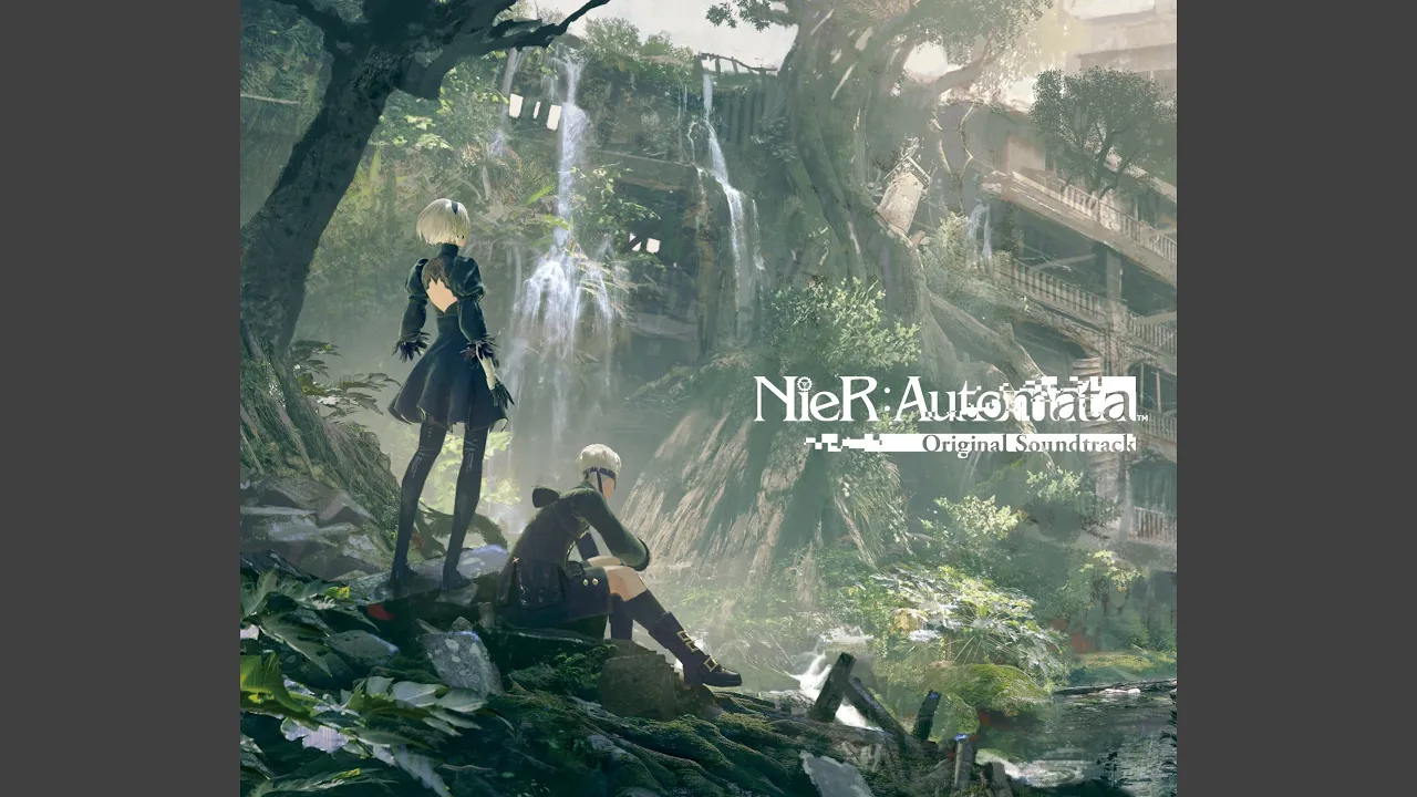 Beautiful cover art of NieR: Automata; 2B standing next to 9S both in the nature reclaimed city ruins