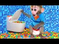 Download Lagu Monkey Baby Bon Bon meets rain of chocolate candy and eats rainbow milk bottle jelly with ducks