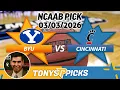 BYU vs Cincinnati Pick 26 NCAAB Pick Prediction