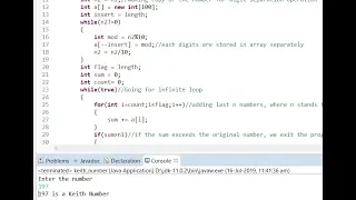 Keith Number Programming in JAVA Eclipse Subscribe for more