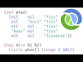 FizzBuzz in Clojure with without rest zero mod for range cond condp cycle map