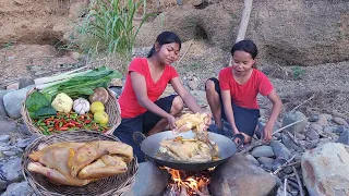 Yummy! Chicken soup chili for food in forest, Eating delicious