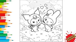 Cute Kuromi and My Melody with Rainbow Coloring Page Easy How to Color Sanrio Characters