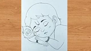Sleeping krishna in one hand Mor Phank outline pencil drawing | janmashtami pencil art 