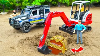 Police Car and Excavator Truck Finding Gold Treasure Chest Under Sand | Toy Cars Story