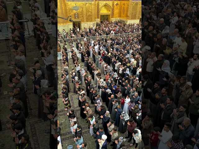 ⁣المؤمنون يؤدون صلاة عيد الفطر في الصحن العلوي المُطهّر