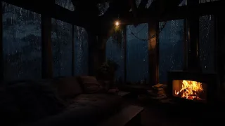 Cabin Forest Sounds With Relaxing Rain And Fireplace Burns At Midnight 