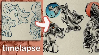 Timelapse - Two-Headed Animal Tattoo Flash Procreate