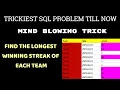 Longest Winning Streak Tricky SQL Problems SQL Interview Questions