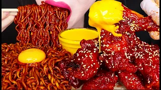 ASMR CHEESY FRIED CHICKEN, BLACK BEAN NOODLES 비비큐 양념치킨 짜파게티 먹방 MUKBANG, EATING