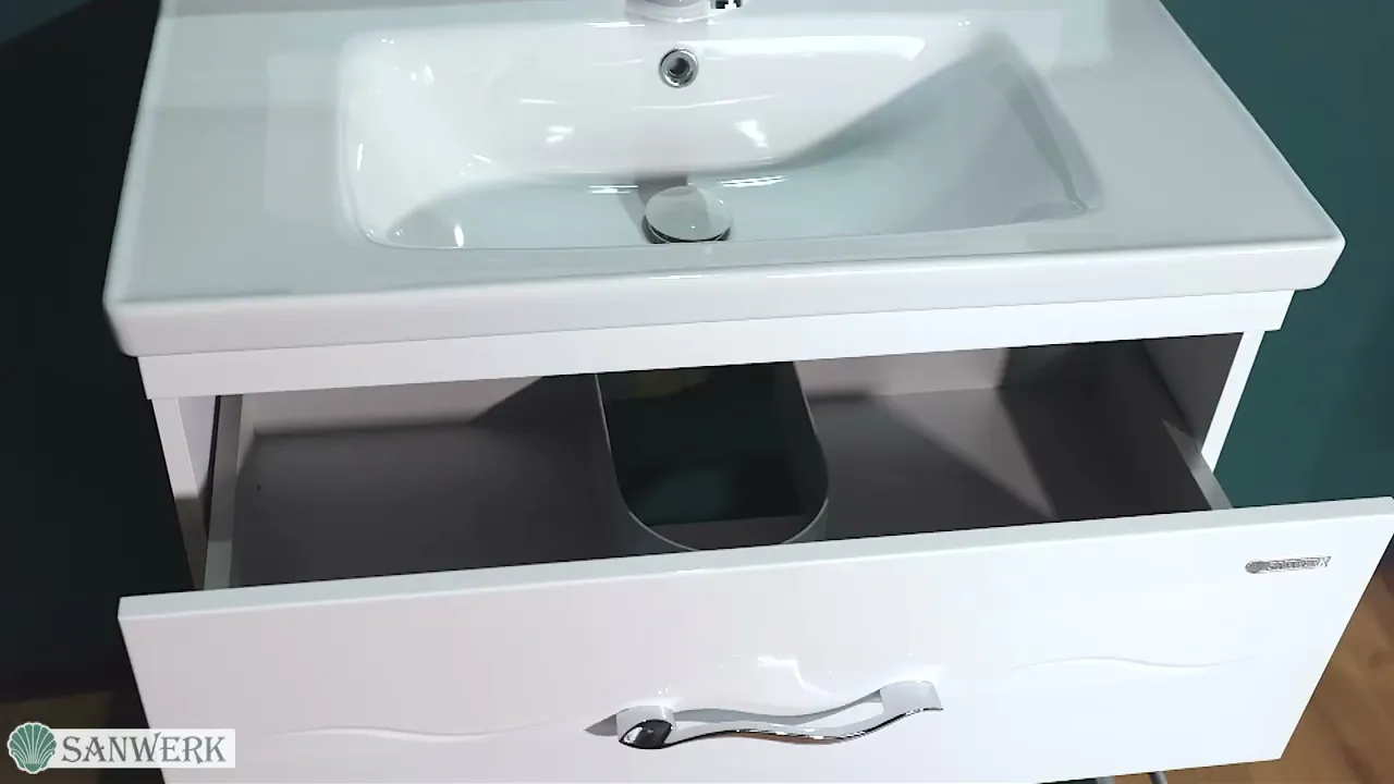 Відеоогляд тумби з умивальником для ванної Миндаль NEW LINE 80 см білої (desktop)