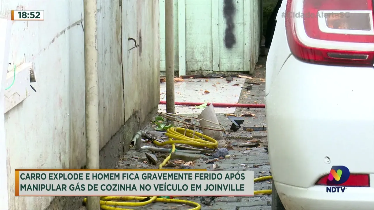 Carro explode e homem fica gravemente ferido após manipular gás de cozinha no veículo, em Joinville