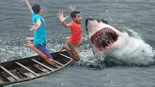 shark attack man in sea fishing boat fun made shark movie by wild fighter