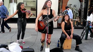 Meet newly formed act (Naima, Laura & Ana) Busking for the first time with Dolly Partons "JOLENE" 
