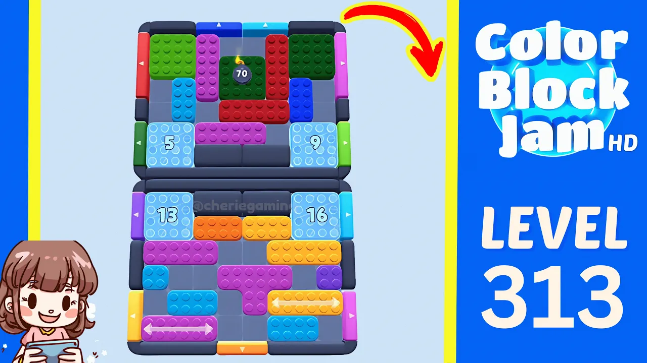 Color Block Jam Level 313 2:15 stacked board with 70 bomb and 5-9-13-16 ice counters opening frame