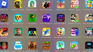 Grimace Monster Scary Survival,Run From Papa Pizza,Wugy Life Story,Mini World,Save The House......
