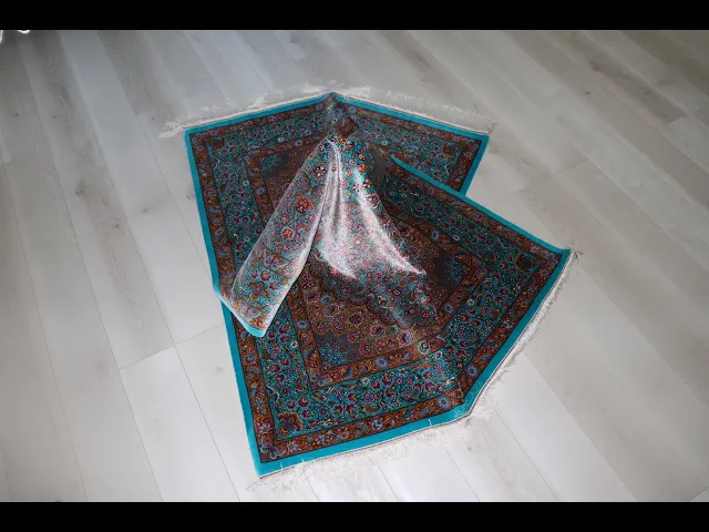 ミルメヒディ工房 花鳥のメダリオン アクアブルー 107×160cm (ID9004)