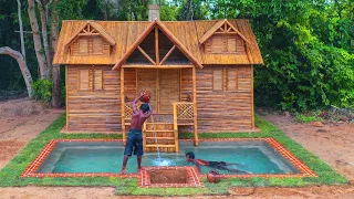 Building an Amazing Bamboo House with Bed, Sofa & Kitchen Underneath | Swimming Pool