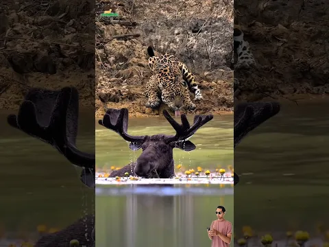 Jaguar Diam-Diam Mengintai Moose dari Tepi Sungai! 😱🐆🦌 #animals #jaguar #moose