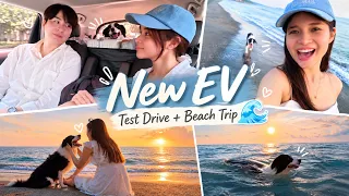 New EV test drive + beach trip with the doggos