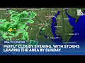 Partly cloudy evening with storms leaving the area by Sunday