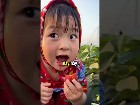 Cô bé hái trộm quả dâu tây trong vườn 😂
