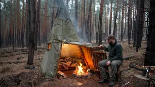 Building a Door and Window in My Wigwam | Solo Night in the Wilderness ASMR