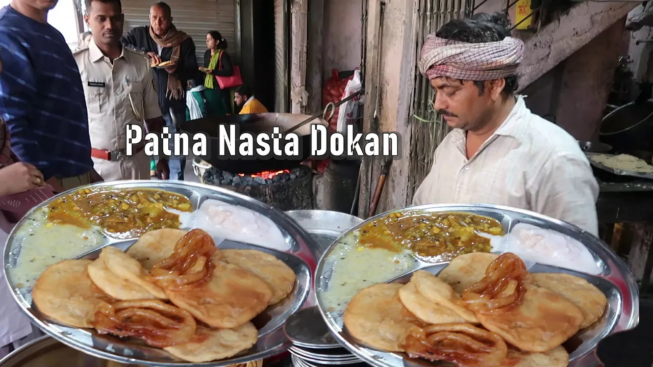 50 Rs/ Ka Street Breakfast ( 5 Puri - 2 Jilebi - 1 Dahi Vada )   Patna Nasta Dokan